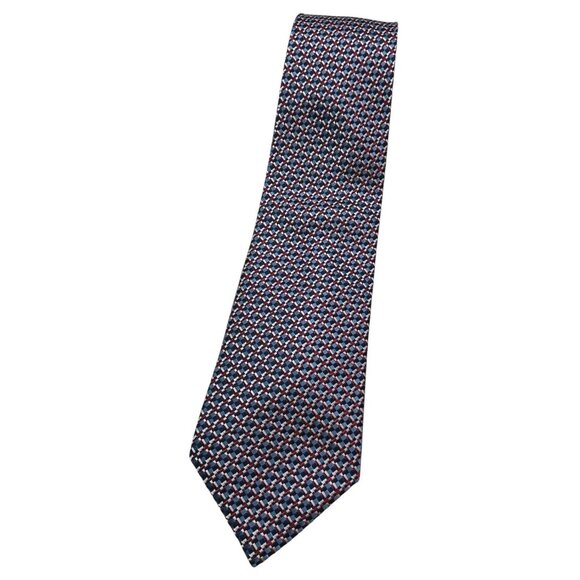 LANVIN Men's 100% Silk Necktie LUXURY Tie Blue Red Geometric W:3.7" EUC - Picture 1 of 3
